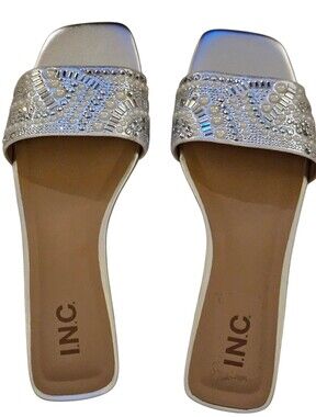 INC NWOT Macys  Silver Rhinestone Pearl Flat Slide Sandals 8.5M